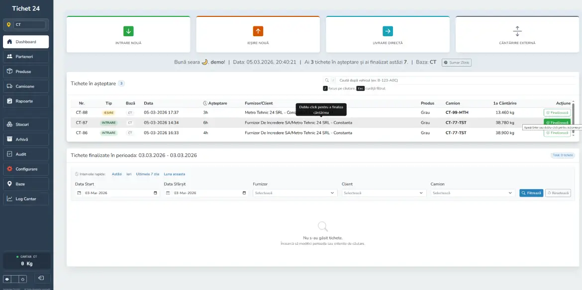 Dashboard program emitere si gestiune tichete cantar auto