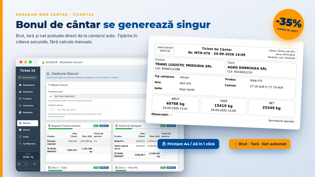 Program Tichet24 pentru generarea bonului de cantar auto